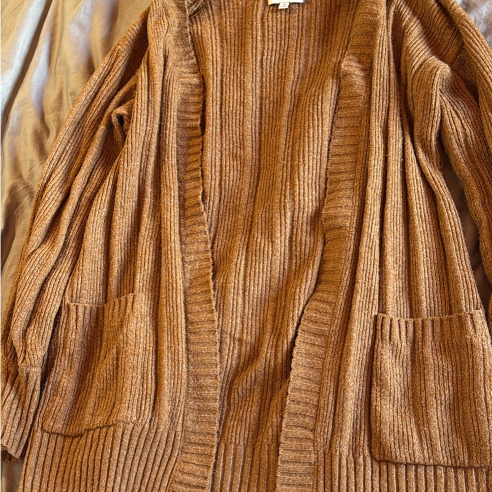 Pink Rose Ribbed Open-Front Cardigan in Chestnut Brown